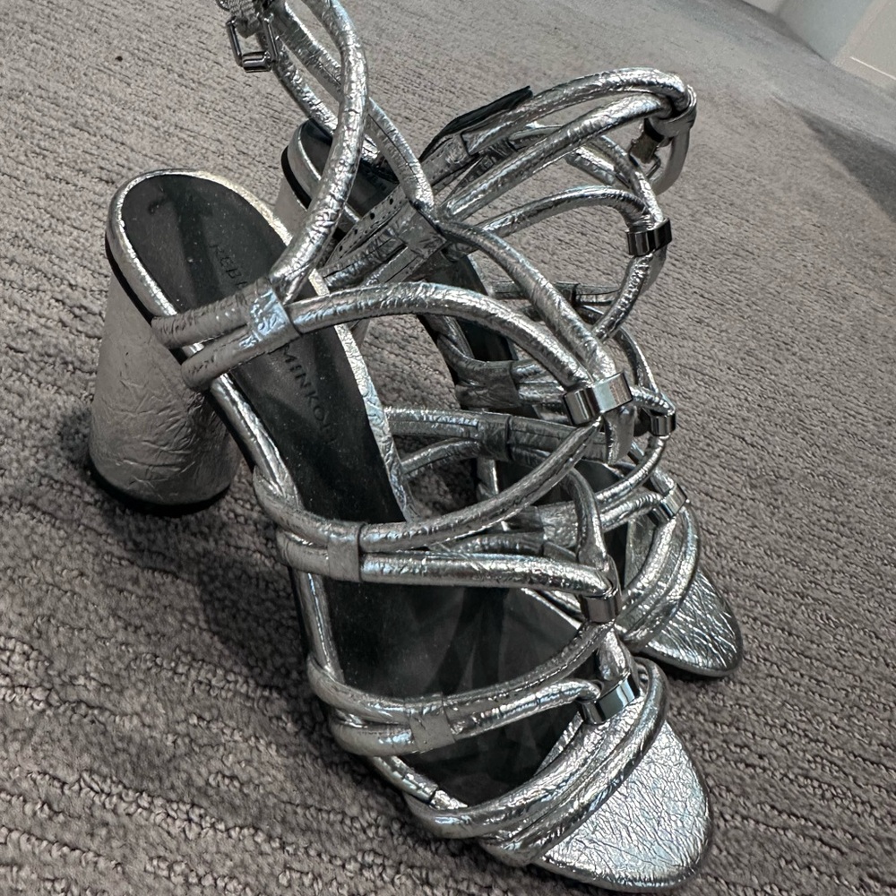 Rebecca Minkoff Metallic Silver Multi-Strap Block Heel Sandals